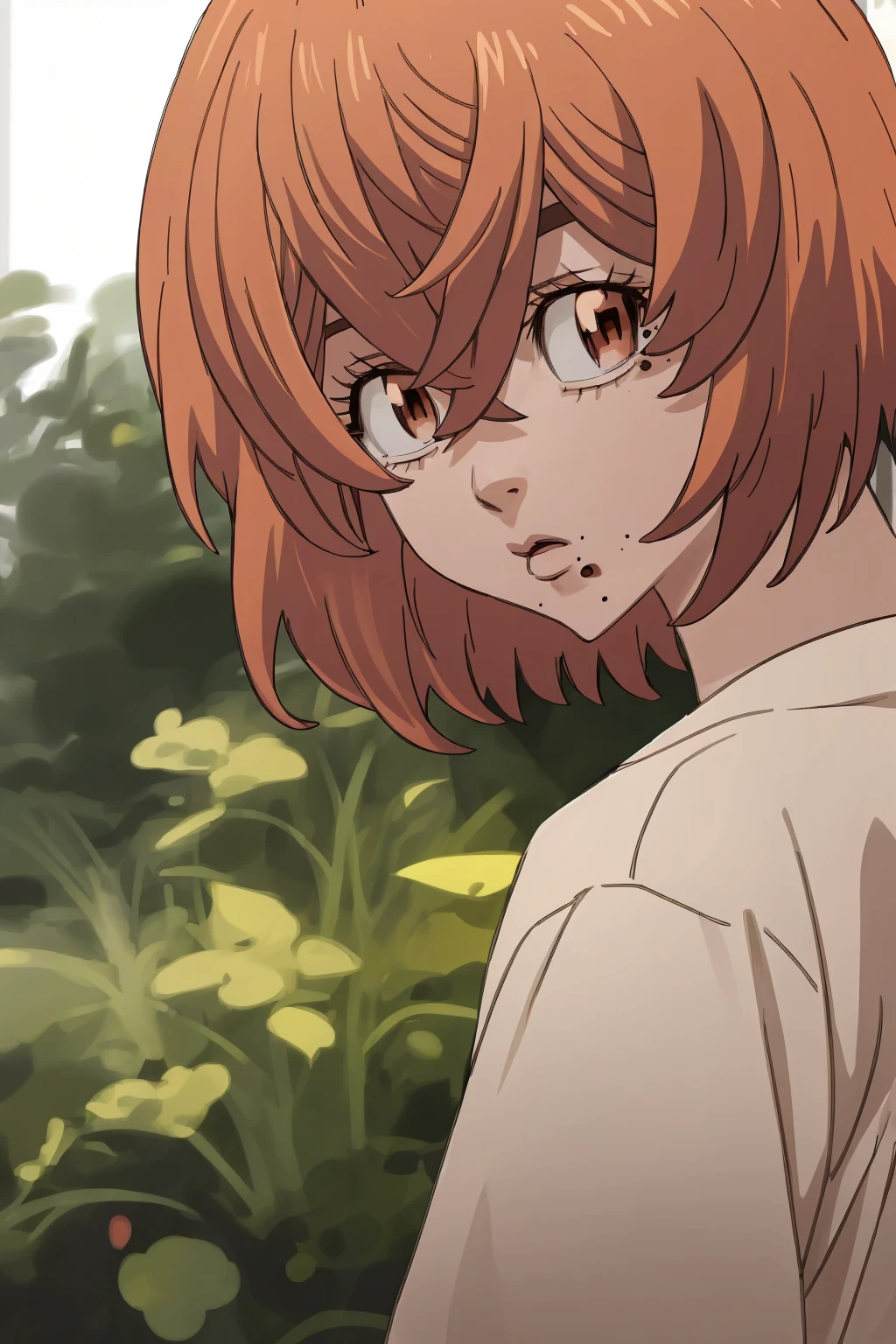 hinata-tachibana, 1girl, solo, looking at viewer, short hair, hair between eyes, brown eyes, orange hair, mole, mole under mouth,