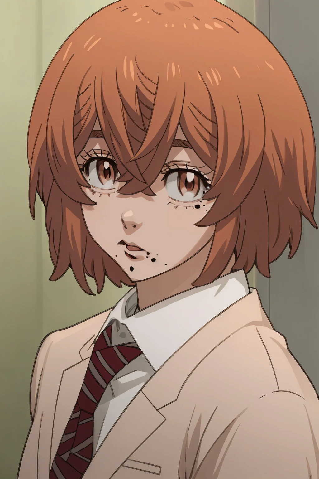 hinata-tachibana, 1girl, solo, looking at viewer, short hair, hair between eyes, brown eyes, orange hair, mole, mole under mouth,