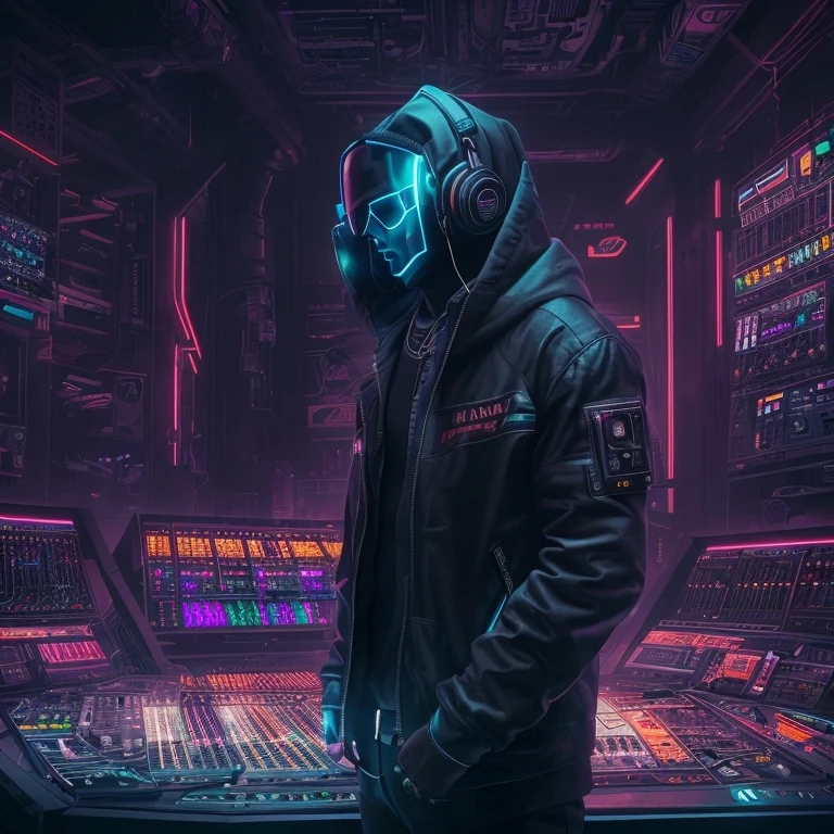 ((Ultra high definition masterpiece, with dark and detailed cyberpunk style)). | A hooded man, with no visible face, is portrayed as an enigmatic figure in a futuristic music studio environment. The dark hood totally covers the character's face, creating an aura of mystery and anonymity. He is immersed in a cyberpunk scenario with neon lighting and technological elements, and uses advanced headphones that highlight his connection to music. The studio background is composed of high-tech equipment, control panels and vibrant lights. | The composition should capture the essence of the cyberpunk style, with a palette of dark and contrasting colors, and a dramatic lighting that highlights the details of the environment and the character. The absence of a face adds a sense of mystery, while the headphones and the music studio provide a modern and immersive context. | The image should reflect a mixture of futuristic elements and a dark atmosphere, with emphasis on the details of the studio and the imposing presence of the character. | (((((full body image))))), ((perfect texture, perfect detail, ultra detailed, enhance details, correct imperfections):1.2), ((More Detail, Enhance)).