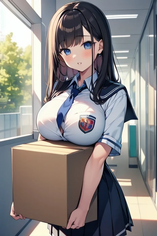 masterpiece, super details, best quality, beautiful girl, school summer uniform, parted lips, carried breast rest, carrying, cardboard box, school corridor,