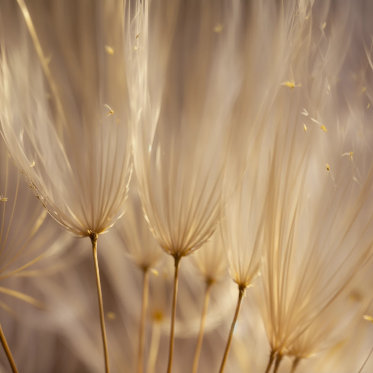 a close up of a bunch of dandelions with a blurry background, soft golden light, golden feathers, glowing dandelion seed storm, softly backlit, hair flies in the wind, smooth and complex, soft and fluffy, dried flower, dandelions, dandelion seeds float, a macro photograph, an ethereal image, dandelion, beautiful soft light, Delicate features