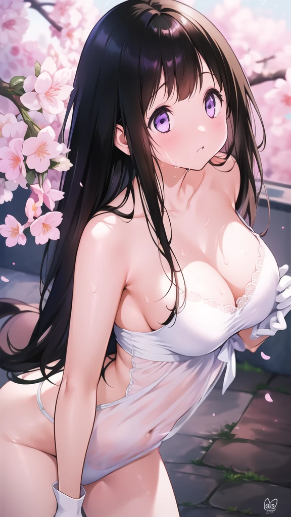 Amazing Chitanda, There is only one beautiful girl,Purple Eyes, Black Hair, Very red face,Very white skin,Glowing skin,Skin as delicate as porcelain,Naturally straight hair, Straight bangs,Extremely refined,Open lips,Long flowing hair,Beautiful Girl, Like a dream,Slim,Slim waist,Soft, (Sensual), (Kawaii), Dream quality,Beautiful big breasts,Sheer loose dress,Areola,Completely naked,Lower edge of breast,White gloves,Flower decoration,Deep V neckline,Loose neckline,White lace-up,Wide neckline,In school,look up,Place your hands on your inner thighs,Thighs clamp hands,Wet skin,Sweaty and sweaty,Sweating all over,it is raining,Next to the cherry blossom trees,Back to,Lean over,Hips,Side body,Gluteal groove,Completely naked的臀部,Bare back,Completely naked的背部,Light transmission,(no pants),nopan,pussy juice,Bare shoulders,There are no shoulder straps,Bare neck,Exposed collarbone,Exposing breasts,Exposing breasts侧面,Exposing breasts下面,Show your waist,Show your buttocks,Show your thighs,Exposing the groin,(No pants),extremely shy,Ultra-high resolution, (masterpiece:1.2, best quality), (Delicate and beautiful eyes: 1.2), (Beautiful and delicate face)