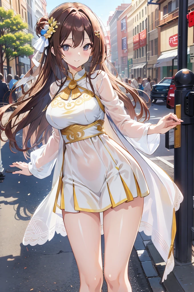 (masutepiece:1.2), (Best Quality:1.2), (((masutepiece))), (((Best Quality))), Perfect eyes, Perfect face, 1girl in, Fantasy Medieval City Square , Smiling,Long wavy hair, dark brown hair, White and yellow lace dress、Gorgeous floral skirt, hair ornament, Detailed background, eyeshadows, Fantasy、medium large breasts、Pose with chest emphasis with forward bend White swimsuit