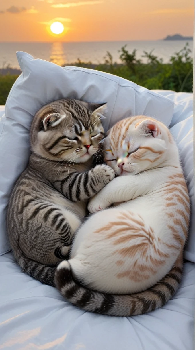 With the sunset in the background,(masterpiece:1.2, high quality), Sleeping together in bed2Scottish Fold kittens、