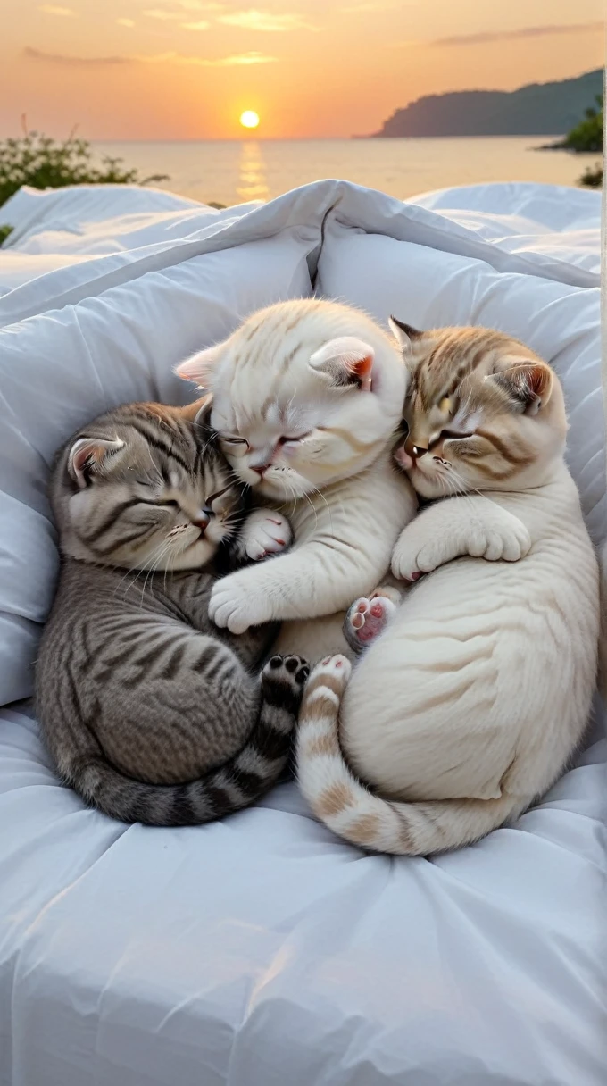 With the sunset in the background,(masterpiece:1.2, high quality), Sleeping together in bed2Scottish Fold kittens、