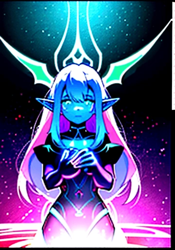 A fascinating masterpiece by the artist Cepriu. double exposure of the portrait of a sensual elf looking at the viewer, and touching her breasts with her hand. with neon spray paint, whose silhouette is elegantly framed by bright and vibrant colors. On the horizon the elven kingdom is reflected in the dark waters below, and the elf appears to be on top of a roof. Neon hues intertwine and glow, creating an otherworldly atmosphere. The background is a captivating mix of deep purples, blues and greens, with electric yellow accents. This visually stunning and immersive experience captures the essence of mystical elven life, fusing technology with art.