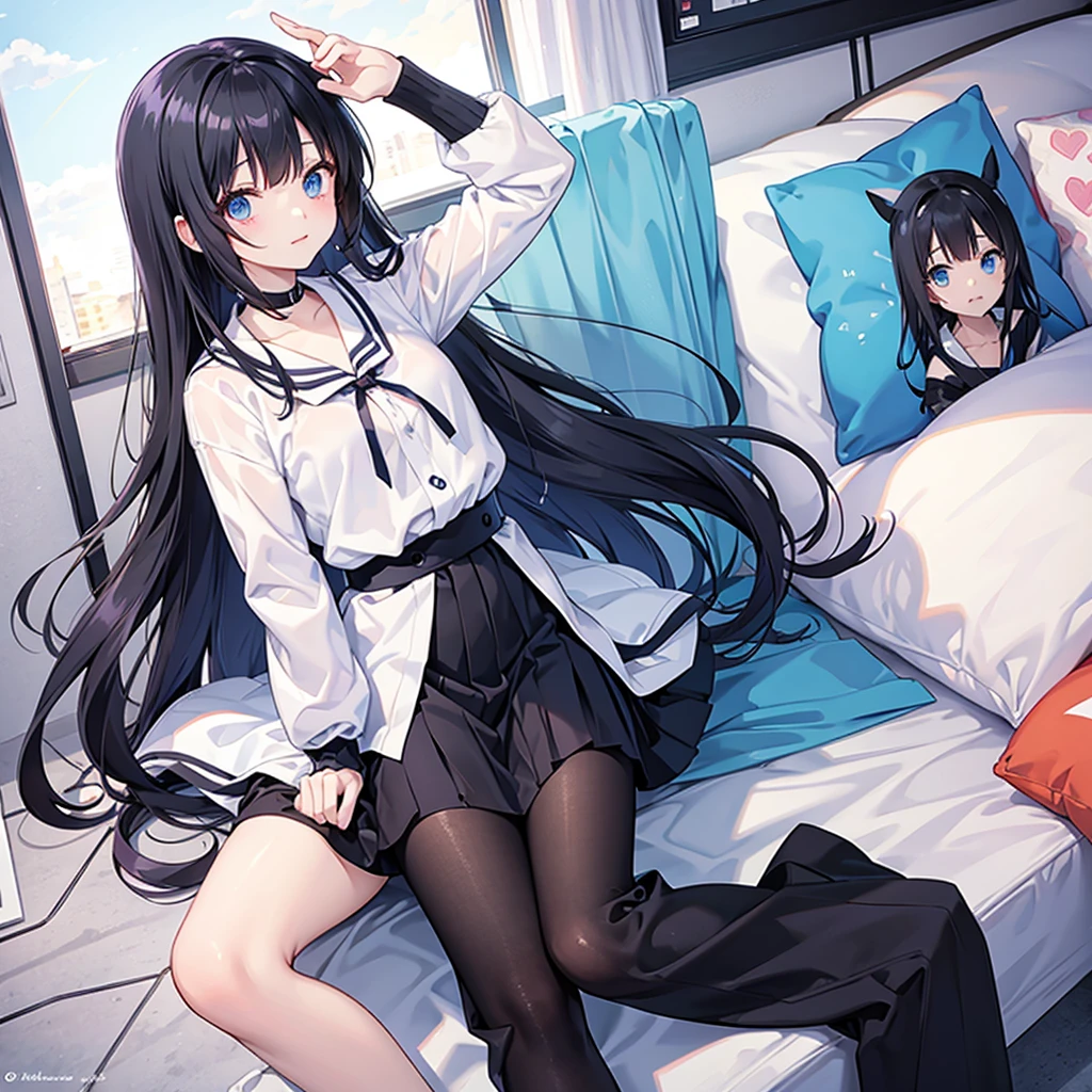 anime girl with long black hair and blue eyes wearing a white shirt, Anime drawing by Jin Homura, featuring.pixiv, art writing, Anime mo art style, cute anime girl, Ilya Kuvshinov with long hair, (anime girl), 4K anime style, Kawaii anime in manga style, Cute anime style, Cute anime, Cute kawaii girl