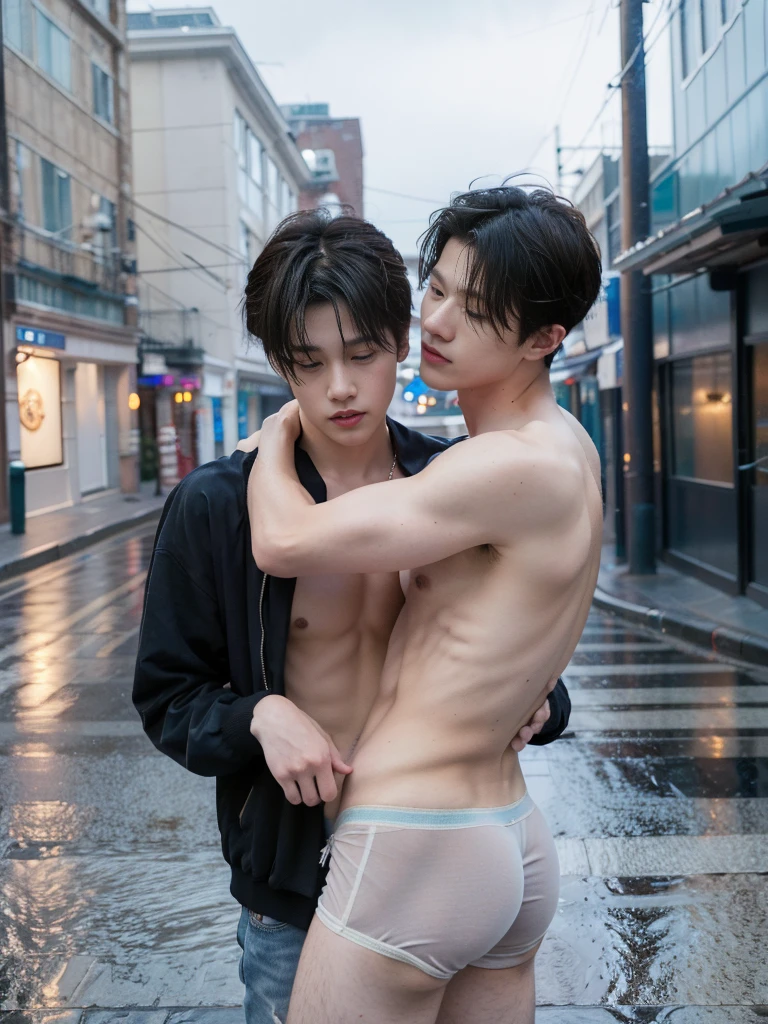 Two boys hugging,in the street, under the heavy rain,Raised sexy, wear thong underwear, show abs, topless,