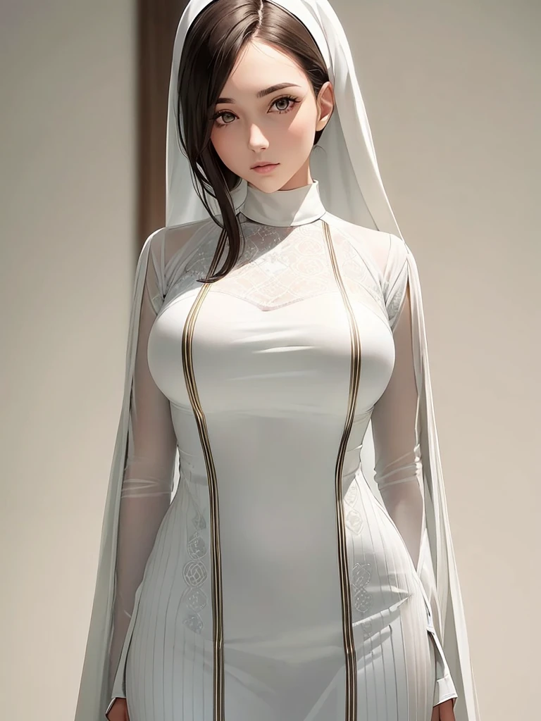 A young woman, dark brown hair, white skin, a slender face, the best shading, a white tunic suit inside is a typical white space casual outfit, full body like an English aristocrat, fine pattern, thin figure. , big breasts