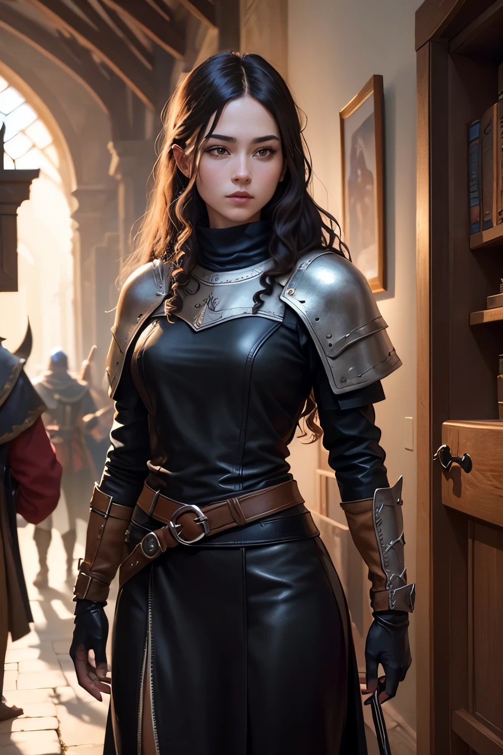 ((best qualityer)), ((work of art)), (detailded), high qualiy, 8K Ultra-HD, 1 medieval fantasy RPG adventurer similar to the works of JRR TOLKIEN, long black curly hair, black leather clothing details, black mittens, black belt , in the background adventurers guild ,clear lighting, detailed shadows