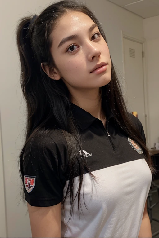 8k, highest quality, ultra details, flat into the camera, group profile, face looking at camera, full-face, only face, face in camera, half up, half down, Euro-Latina woman, young, realistic, modern days, formal attire, studio lighting, professional setting, latina girl, big ass, big tits, nice face, t-shirt, sport clothes, football girl,