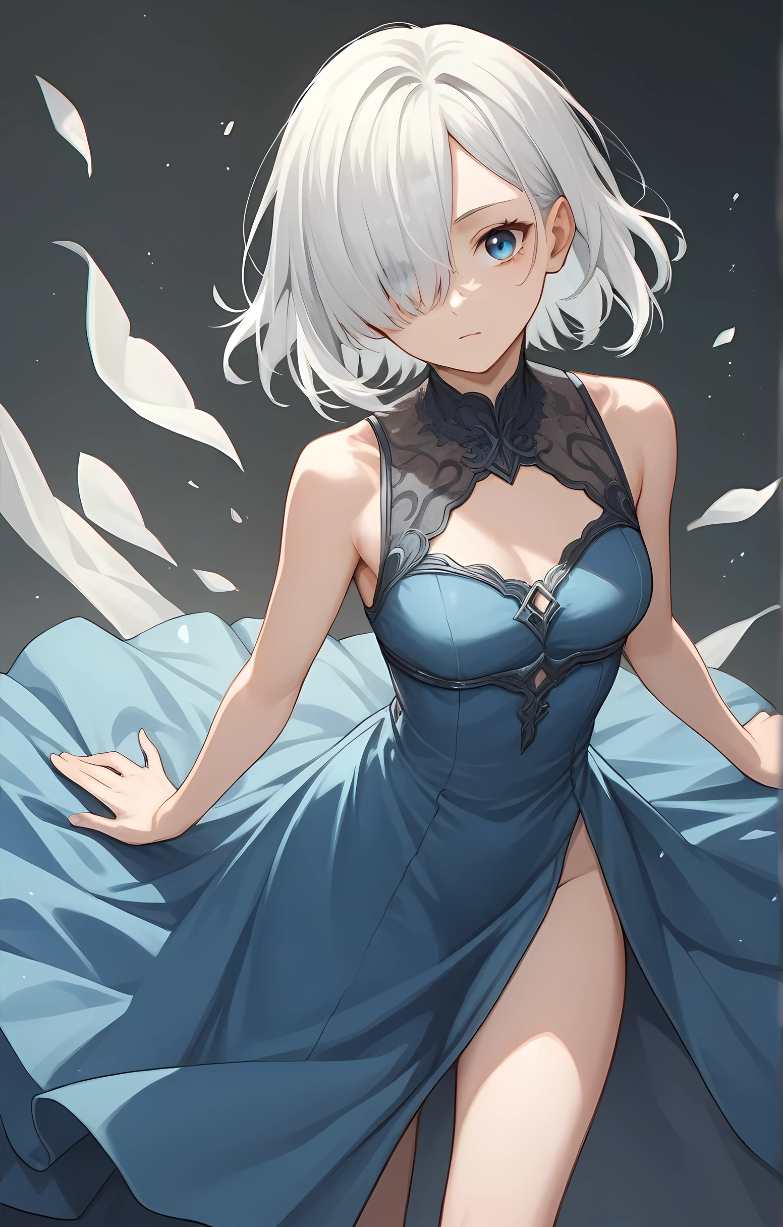 score_9, score_8_up, score_7_up, score_6_up, score_5_up, score_4_up, BREAK source_anime, one anime girl, blue eyes, white hair, medium hair, hair covers one eye, white and blue dress,