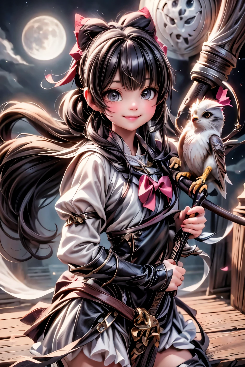 a cute archer girl smiling ((holding a bow)), a falcon perched ((on the bow)), fantasy art style, at night, nighs scenery, moon, starry sky