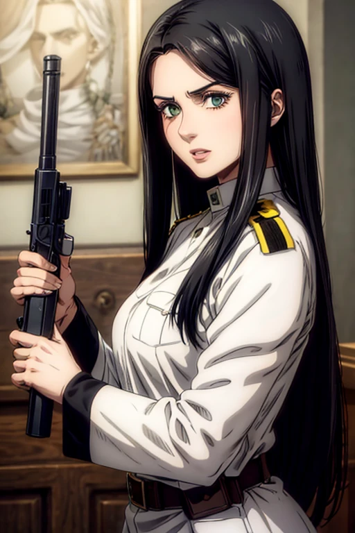 30 year old woman, long black hair, greeneyes, neutral expression, necklace on the neck, White military uniform, holding gun, liberia