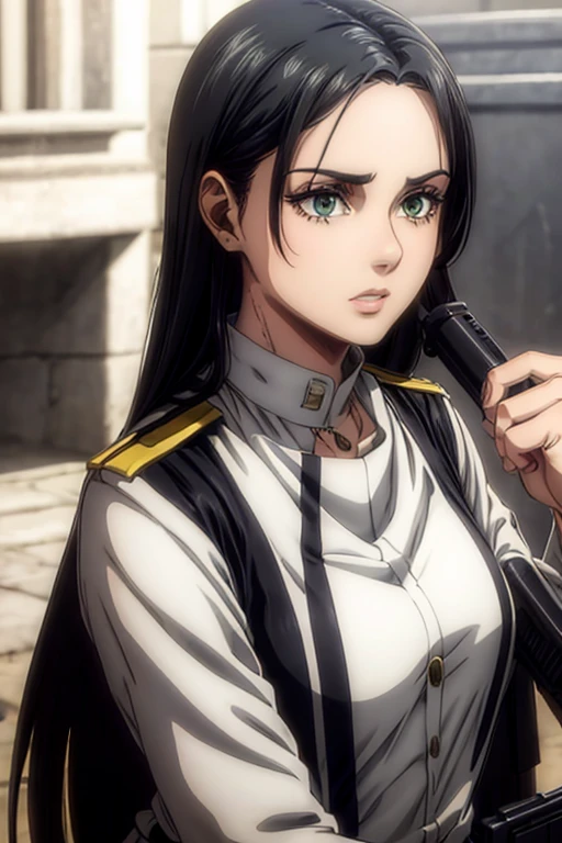 30 year old woman, long black hair, greeneyes, neutral expression, necklace on the neck, White military uniform, holding gun, liberia