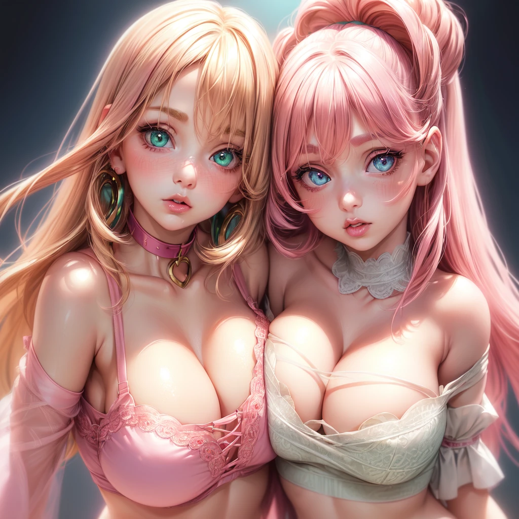 ((2 girls), solo, clevage, Big round breasts, realistic, pink hair, blonde hair, light green eyes, lip gloss, detailed face, amazing big eyes, eye details, big lips, eyebrow details, blush, mouth open, close up, portrait picture, collar bone, looking at camera, side by side, white bra