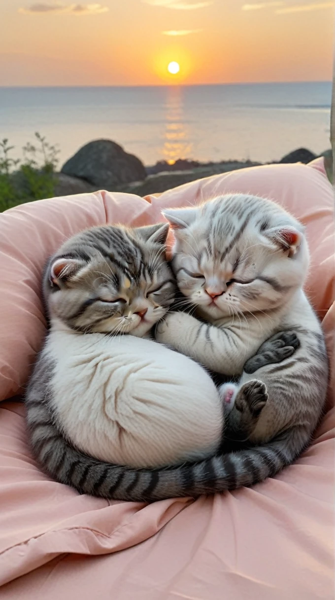 With the sunset in the background,(masterpiece:1.2, high quality), Sleeping together in bed2Scottish Fold kittens、