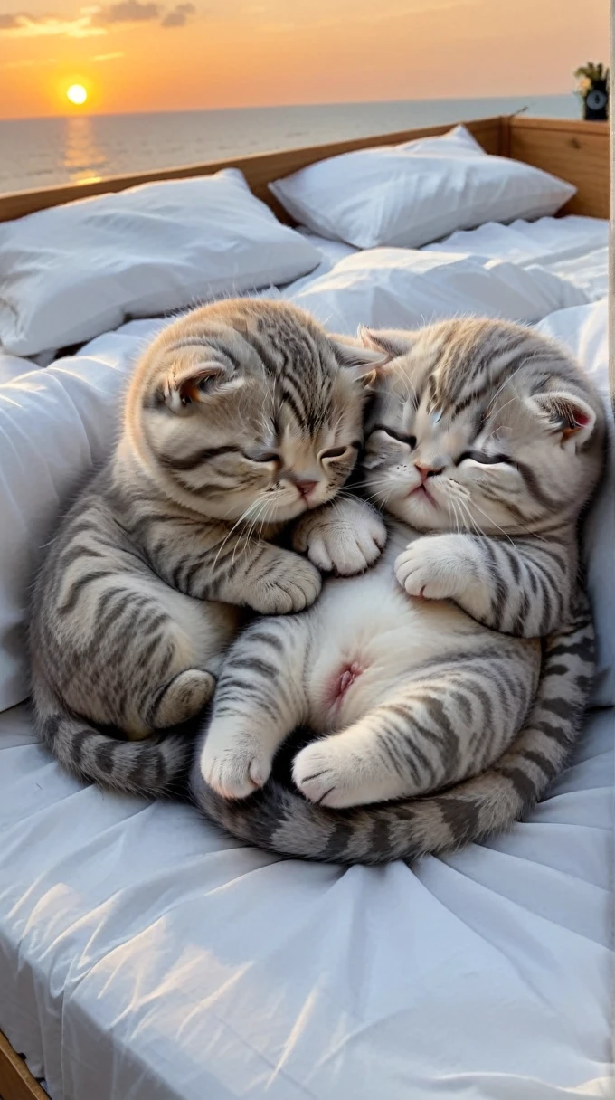 With the sunset in the background,(masterpiece:1.2, high quality), Sleeping together in bed２Scottish Fold kittens、