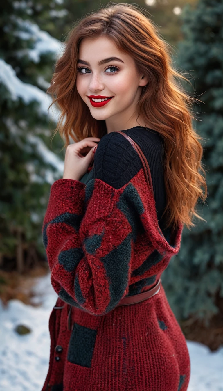 ultrarealistic high quality full body photo of a beautiful super busty slim european 19-year-old woman with cute hyperdetailed shy face and redhead shoulder length messy hair and shy smile, realistic round black eyes, red lips, dark eye makeup with eyeliner, warm winter outfit, hourglass body, tanned, outdoor photography
