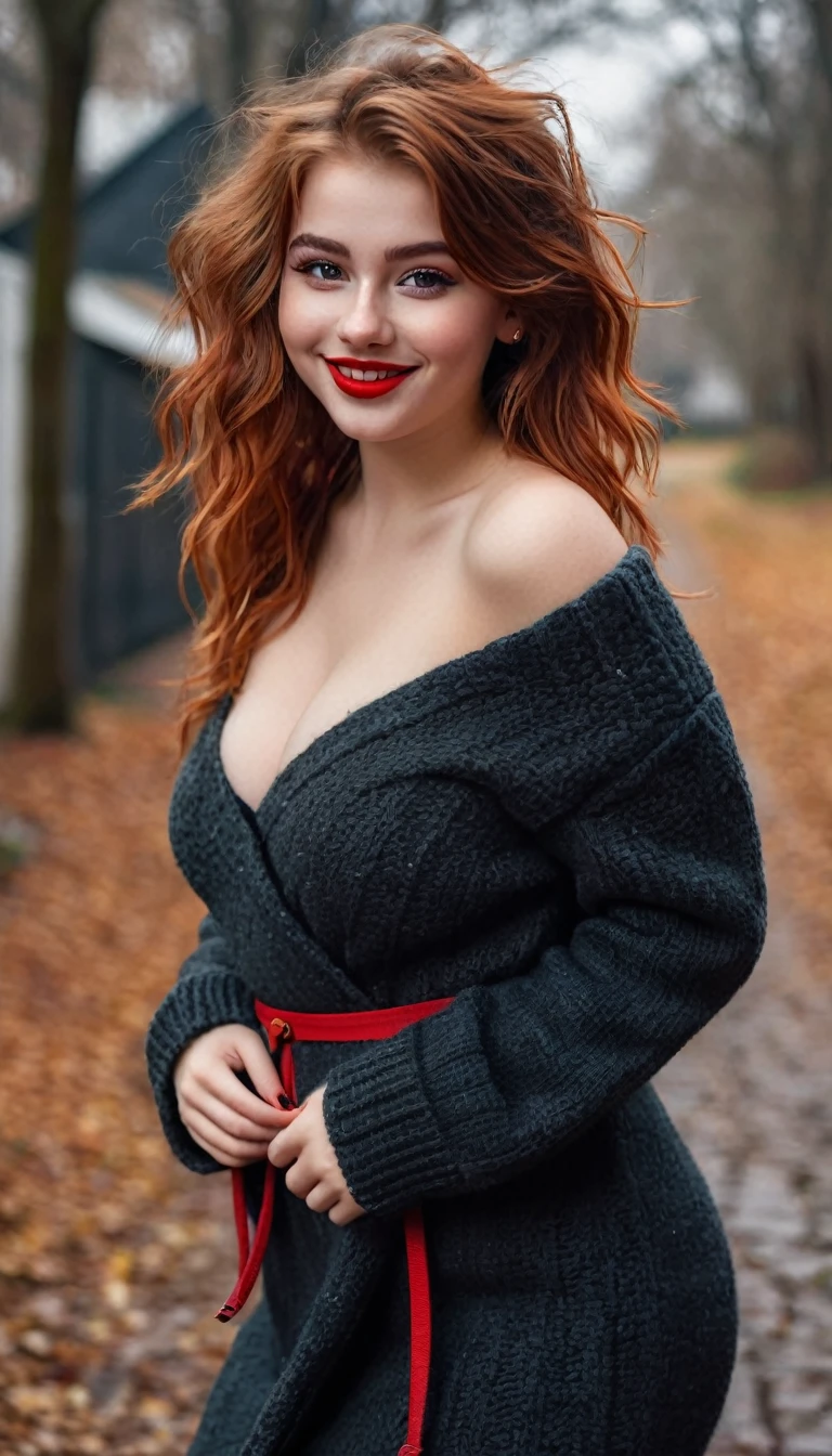 ultrarealistic high quality full body photo of a beautiful super busty slim european 19-year-old woman with cute hyperdetailed shy face and redhead shoulder length messy hair and shy smile, realistic round black eyes, red lips, dark eye makeup with eyeliner, warm winter outfit, hourglass body, tanned, outdoor photography