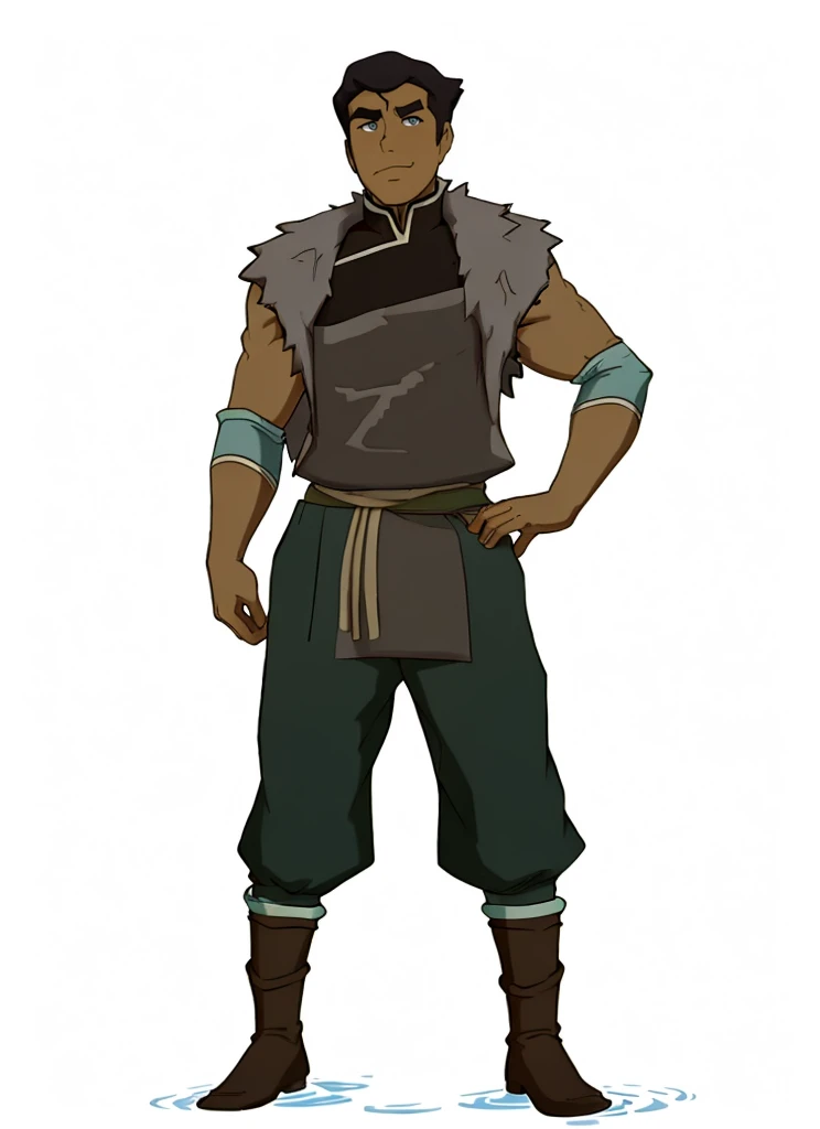 African-American male Bolin , the legend of Korra character, purple water tribe outfit, dark purple pants, fur collar, clothing from the water tribe, side shaved hair African-American 