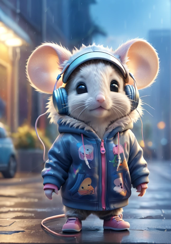 Cute  mouse with fluffy fur wearing urban outfit, a sweatshirt and headphones, The background is modern and inorganic, adorable digital painting, 3d rendered, Bright lighting, vibrant colors, outside and raining
