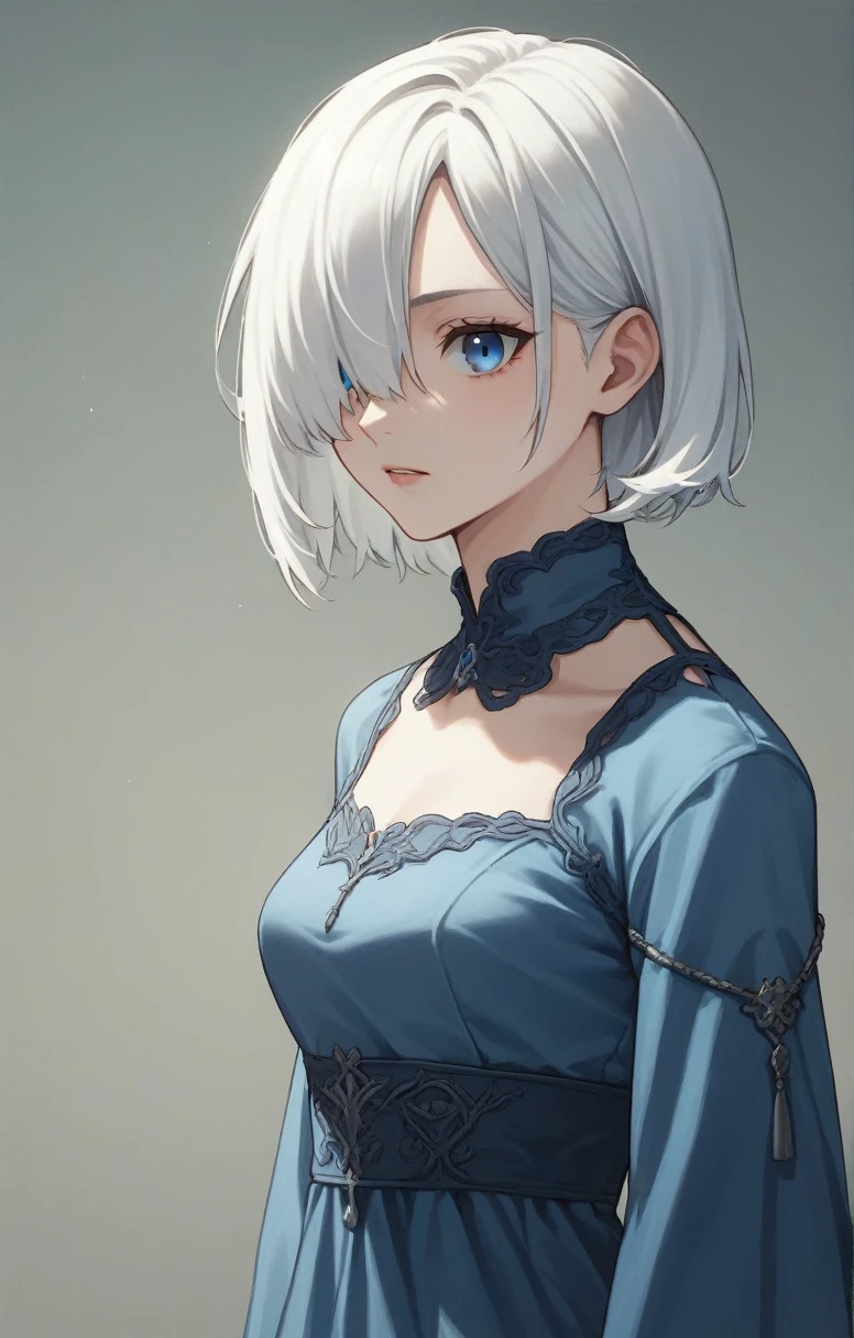 score_9, score_8_up, score_7_up, score_6_up, score_5_up, score_4_up, BREAK source_anime, one anime girl, blue eyes, white hair, medium hair, hair covers one eye, white and blue dress,