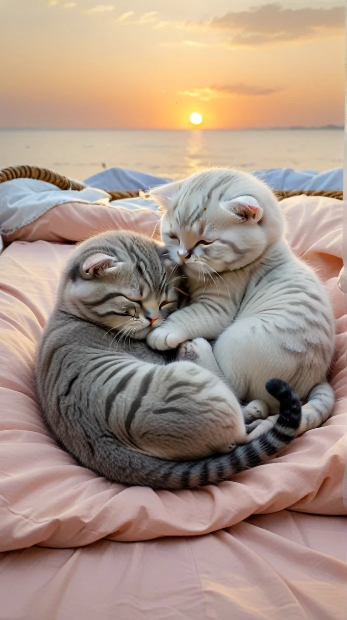 With the sunset in the background,(masterpiece:1.2, high quality), Sleeping together in bed2Scottish Fold kittens、