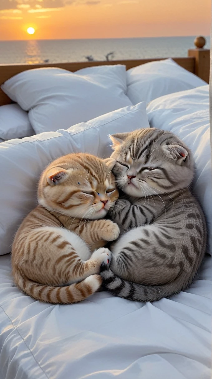 With the sunset in the background,(masterpiece:1.2, high quality), Sleeping together in bed２Scottish Fold kittens、