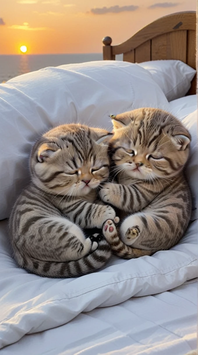 With the sunset in the background,(masterpiece:1.2, high quality), Sleeping together in bed2Scottish Fold kittens、