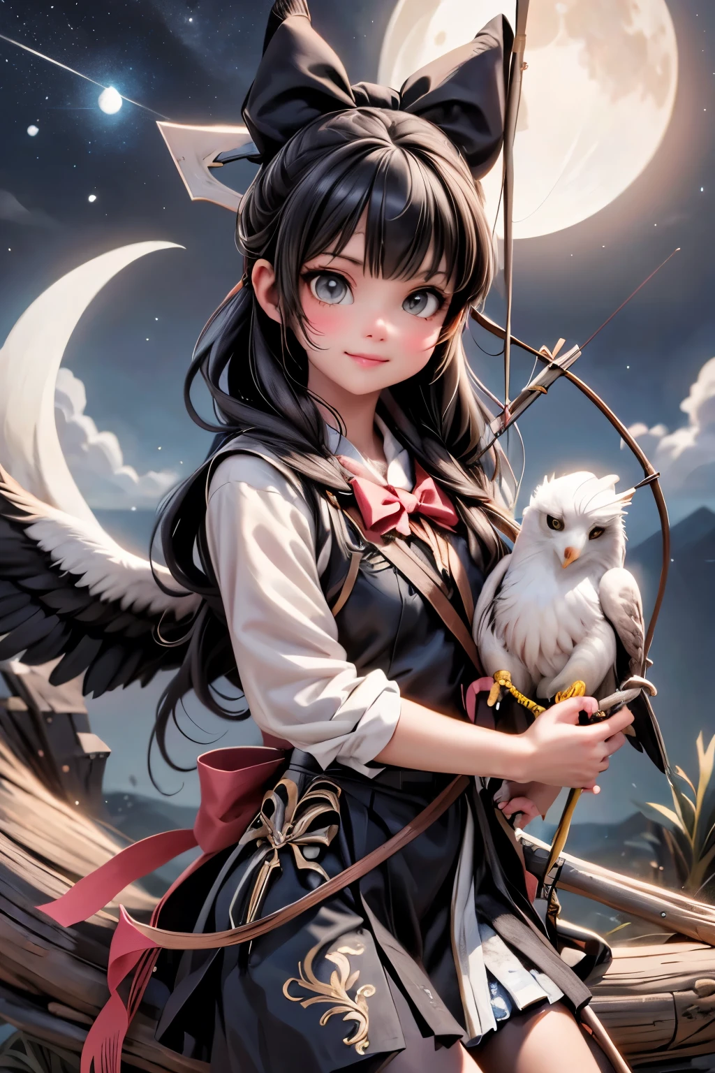 a female archer, ((holding a bow)), ((bow)), an eagle perched on ((bow)), fantasy art style, at night, nighs scenery, moon, starry sky