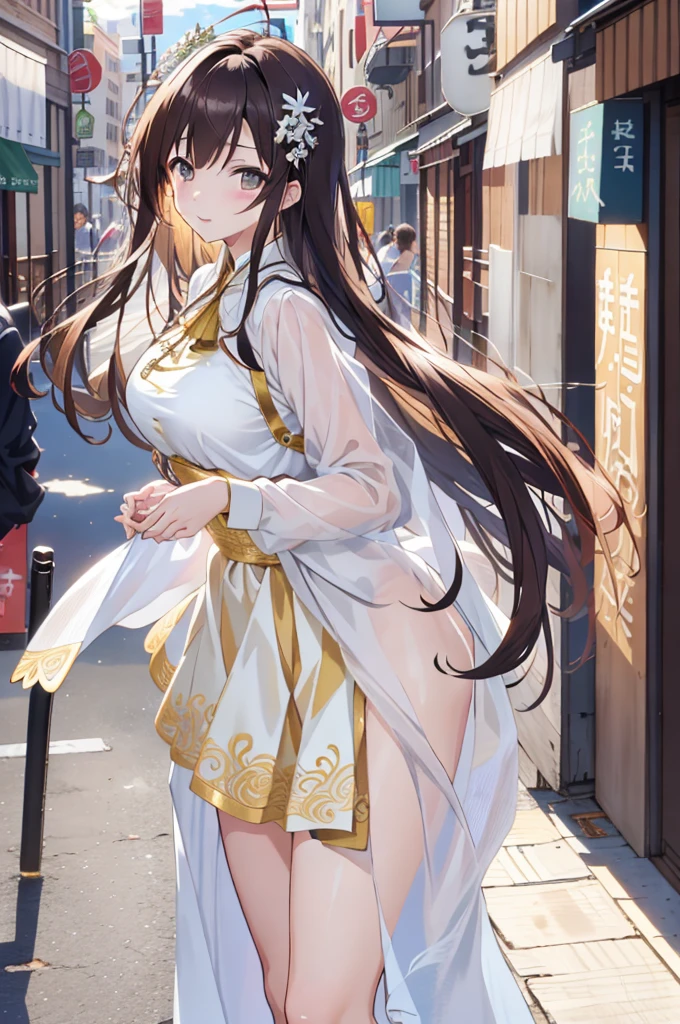 (masutepiece:1.2), (Best Quality:1.2), (((masutepiece))), (((Best Quality))), Perfect eyes, Perfect face,  1girl in, Fantasy Medieval City Square , Smiling,Long wavy hair, dark brown hair, White and yellow lace dress、Gorgeous floral skirt, hair ornament, Detailed background, eyeshadows, Fantasy、medium large breasts、Pose with chest emphasis with forward bend Black hair、Beautiful breasts、White bra、White panties