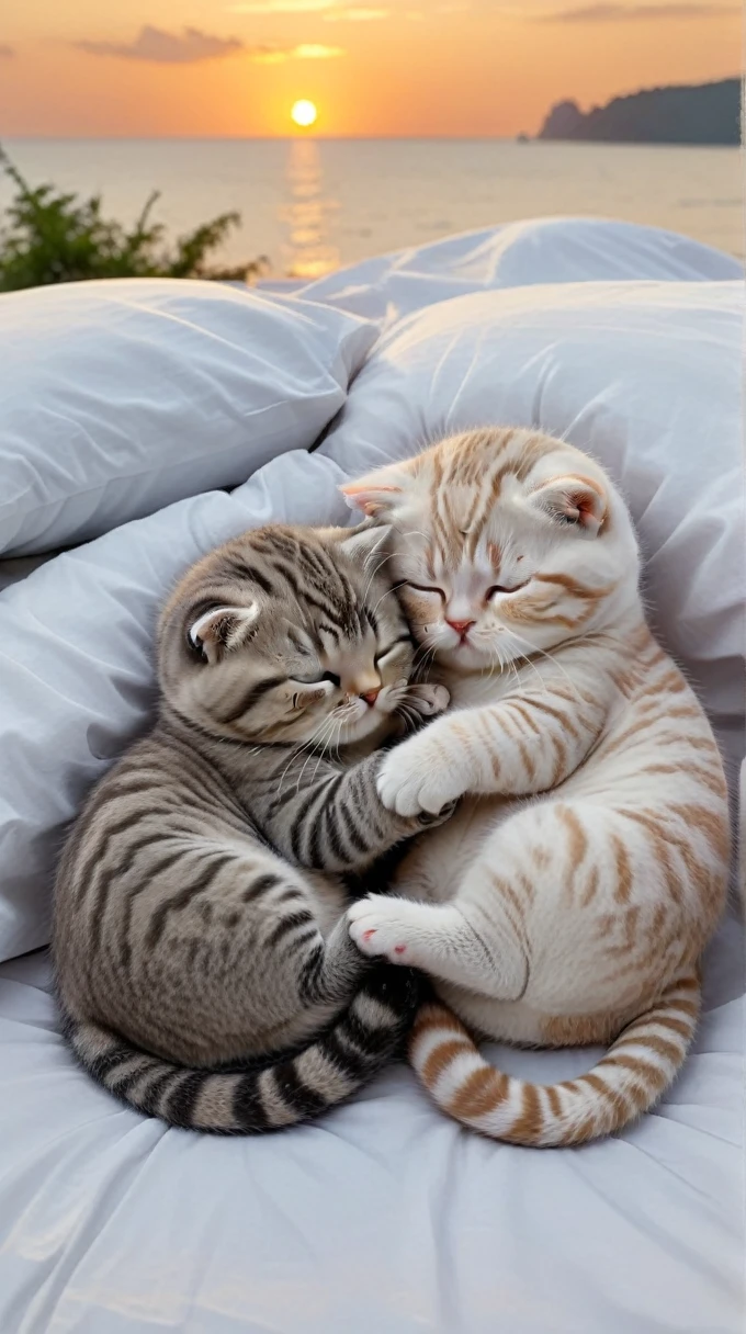 With the sunset in the background,(masterpiece:1.2, high quality), Sleeping together in bed２Scottish Fold kittens、