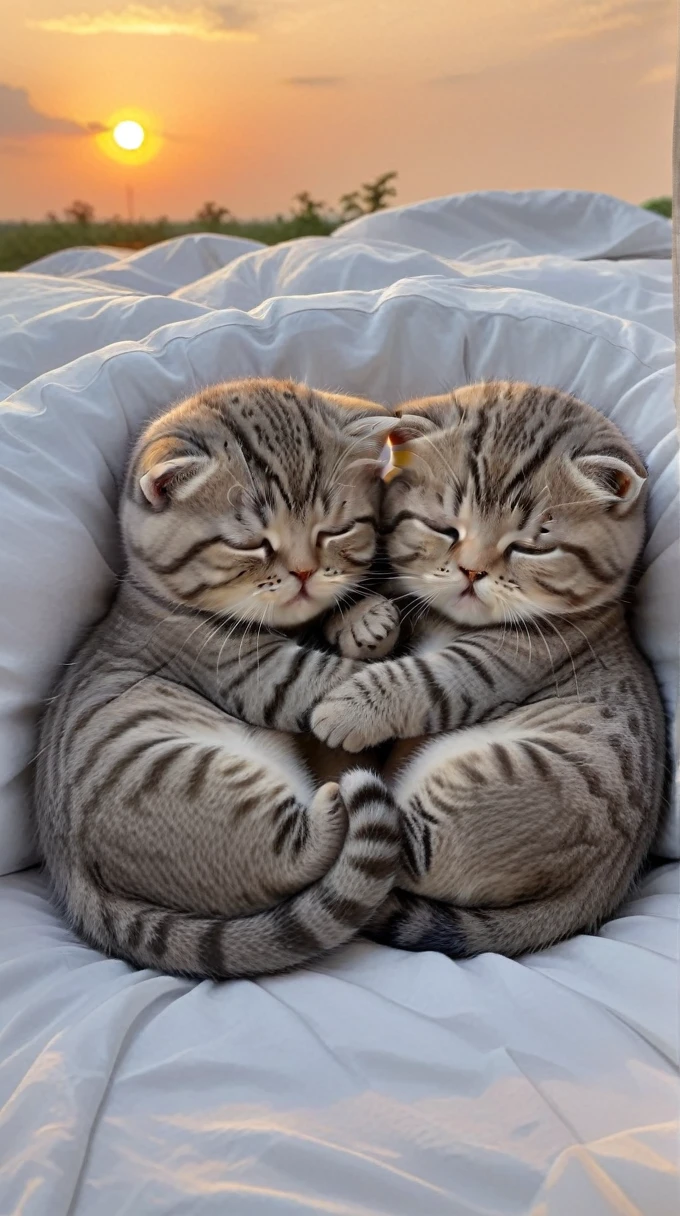 With the sunset in the background,(masterpiece:1.2, high quality), Sleeping together in bed２Scottish Fold kittens、