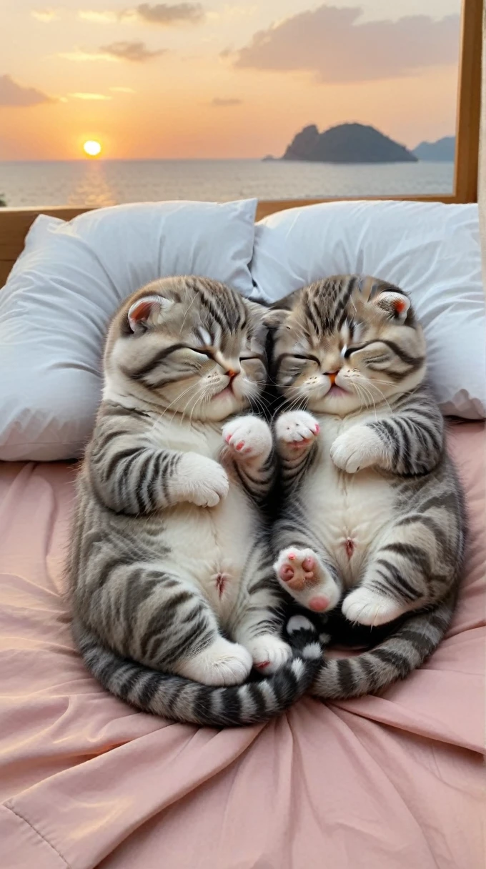 With the sunset in the background,(masterpiece:1.2, high quality), Sleeping together in bed２Scottish Fold kittens、