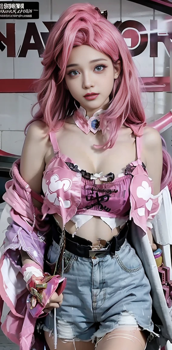 Close-up of a girl with white hair and a pink shirt, ses cheveux sont blancs, Anime girl cosplay, Anime girl in real life, Perfect white haired girl, anime-inspired, Anime cosplay, long white hair, anime vibes, Girl with white hair, belle delphine, Long white hair and bangs, Ruan cute vtuber ,Super big breasts,exposed