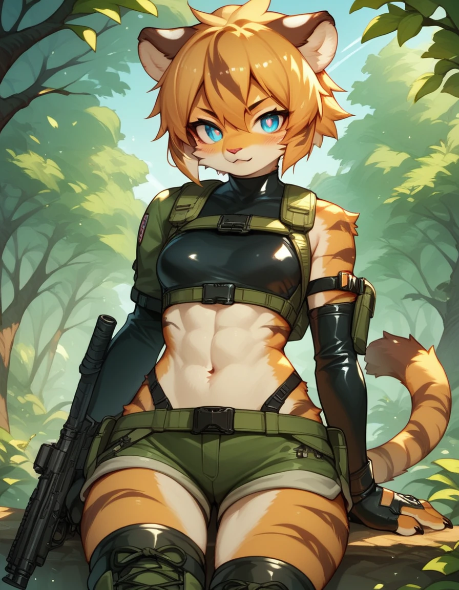 score_9, score_8_up) score_7_up, score_6_up, solo, tiger, kemono, anthro, cute, short hair, blue eyes, white pupils, sexy pose, orange fur, shorts, tactical harness, croptop, thigh high boots, assassin girl, mesh body suit, tactical gloves, latex, small breasts, forest background,