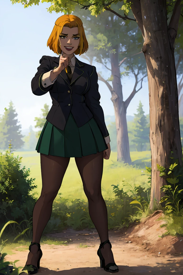 (Masterpiece), (Best Quality: 1.0), (ultra high resolution: 1.0),1 Woman dynamic pose, fighting pose, controlling power, wind blows strong, image transmits a lot of energy, big green skirt, pretty face, detailed face, big smile, pretty eyes, detailed eyes, a woman, In an enchanted forest, Standing in a dynamic pose, suit and armor, happy and smiling face, short hair, looking at the viewer, full of life, full of bright colors and magic, green Forest, explosion of colors
