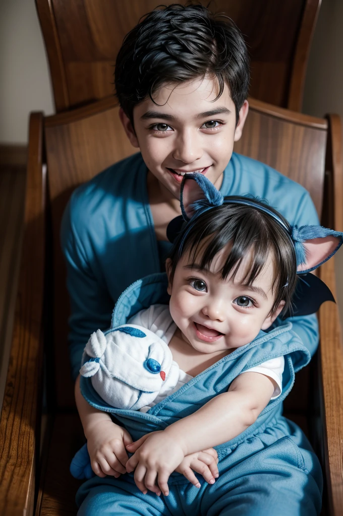plucked baby in a blue costume sitting in a stroller, one blue ) and huge bat ears, very low quality image, happy with his mouth open, diego 5, Lilo e Stitch, José Miguel Roman France, full costume, edited, smiling lightly, Riyad Cassim, photoshot, alanis guillen, photoshot do álbum, goodnight
