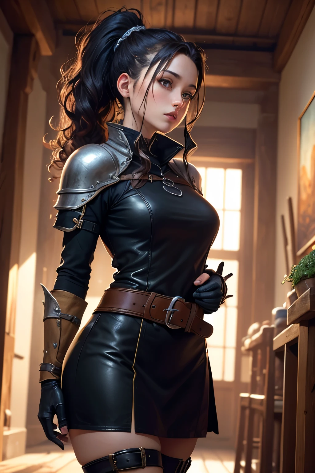 ((best qualityer)), ((work of art)), (detailded), high qualiy, 8K Ultra-HD, 1 medieval fantasy RPG adventurer similar to the works of JRR TOLKIEN, ponytail ,long black curly hair, black leather clothing details, black mittens, black belt , in the background adventurers guild ,clear lighting, detailed shadows