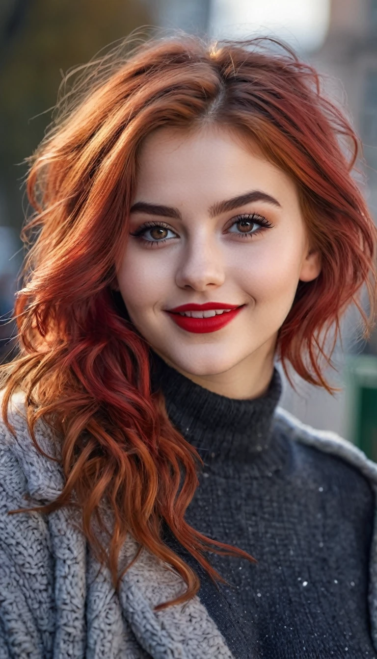 ultrarealistic high quality full body photo of a beautiful super busty slim european 19-year-old woman with cute hyperdetailed shy face and redhead shoulder length messy hair and shy smile, realistic round black eyes, red lips, dark eye makeup with eyeliner, warm winter outfit, hourglass body, tanned, outdoor photography