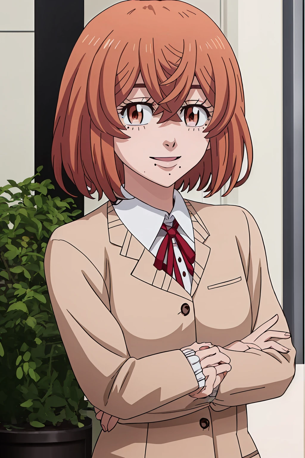 hinata-tachibana, 1girl, solo, looking at viewer, short hair, hair between eyes, brown eyes, orange hair, mole, mole under mouth, smile