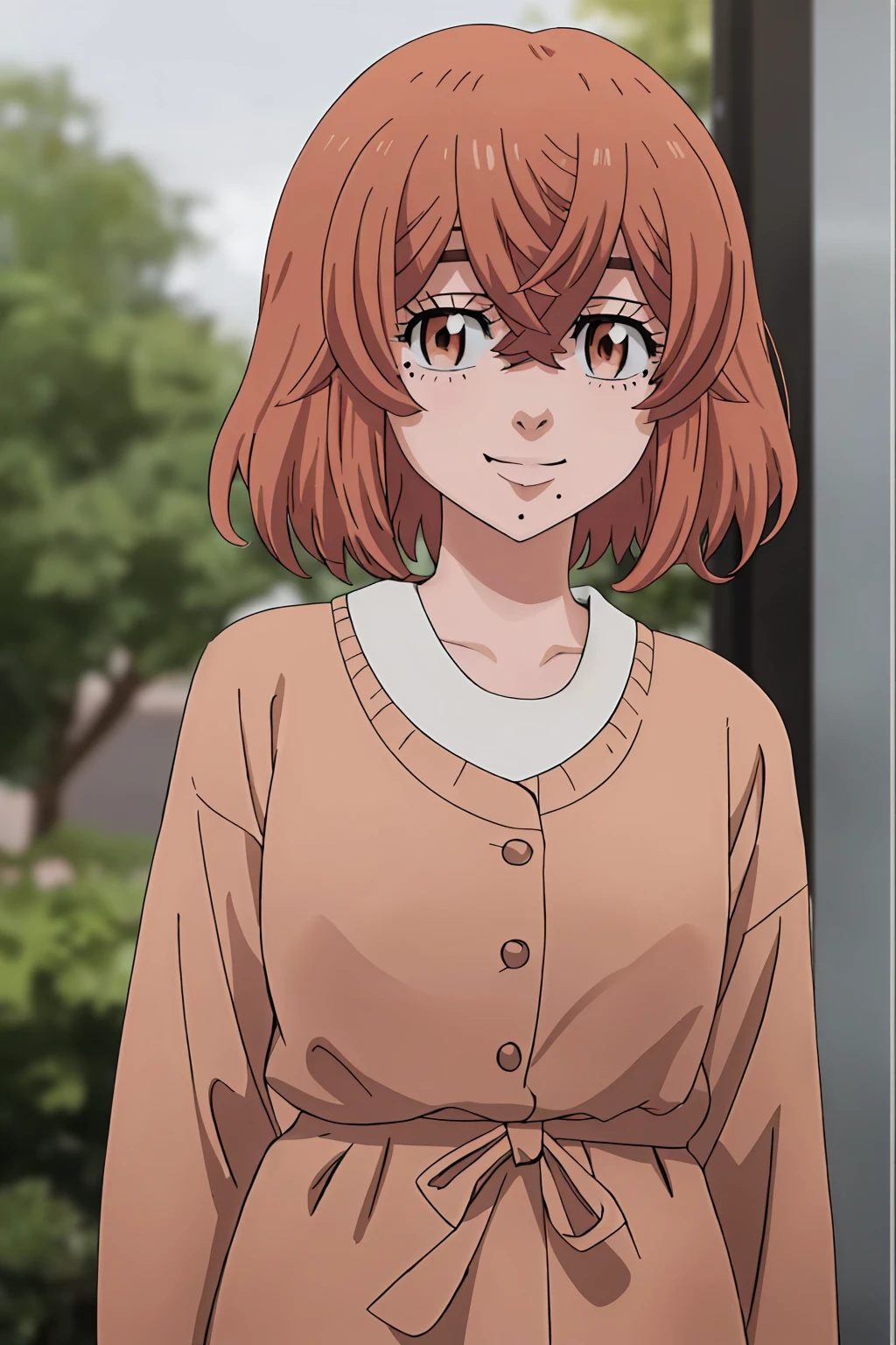 hinata-tachibana, 1girl, solo, looking at viewer, short hair, hair between eyes, brown eyes, orange hair, mole, mole under mouth, smile