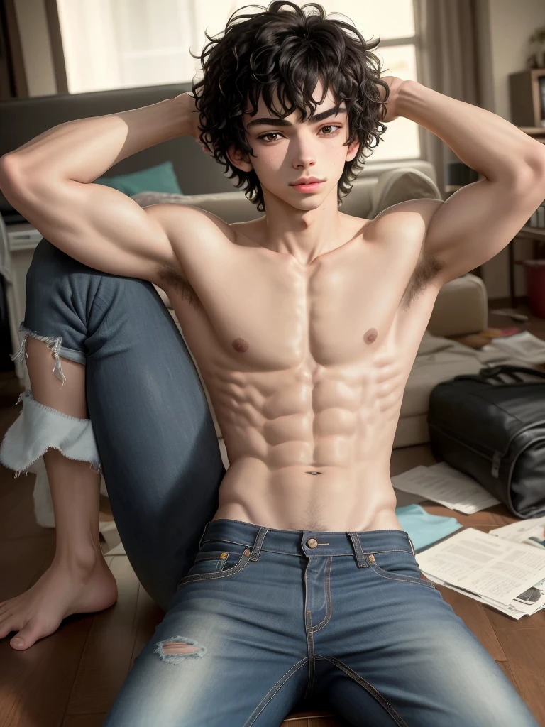 The male actor devon bostick as rodrick heffley, black curly hair, smooth body, no abs, blue jeans pants, messy living room in the morning background, emo gay, beautiful, shirtless, lying on the sofa with legs open.