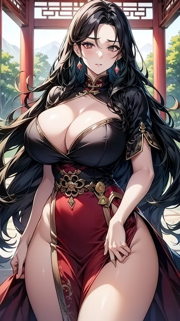 (art: 1.2), (best quality: 1.2) 1 woman, mature teenager, 185 cm tall, looked to be around 25 years old, she had long black hair like darkness, hair parted in the middle, straight hair and sparkles attached to a green jade hairpin, piercing ruby ​​red eyes, extremely detailed eyes, perfect eyes, extremely realistic eyes, well-aligned eyes, long eyelashes, anime style, extremely beautiful face, face respectful of the viewer, delicate and mature face, lips fleshy, mature, light skin, natural body, SEXY BODY, milf body, with one hand holding her waist, perfect hands, detailed hands, hands well proportioned to the body, realistic hands, arms at the sides, arms with good anatomy, she wore a ruby ​​red dress with a long Chinese style skirt decorated in black that still couldn't hide her extremely large and huge breasts that were hanging down due to her size, she was fully covered by the paia, thick thighs fully covered, wide hips, looking at the spectator with a reserved facial expression is respectful, background scene, in an oriental-style Chinese pavilion, posing alone, looking at the viewer, standing