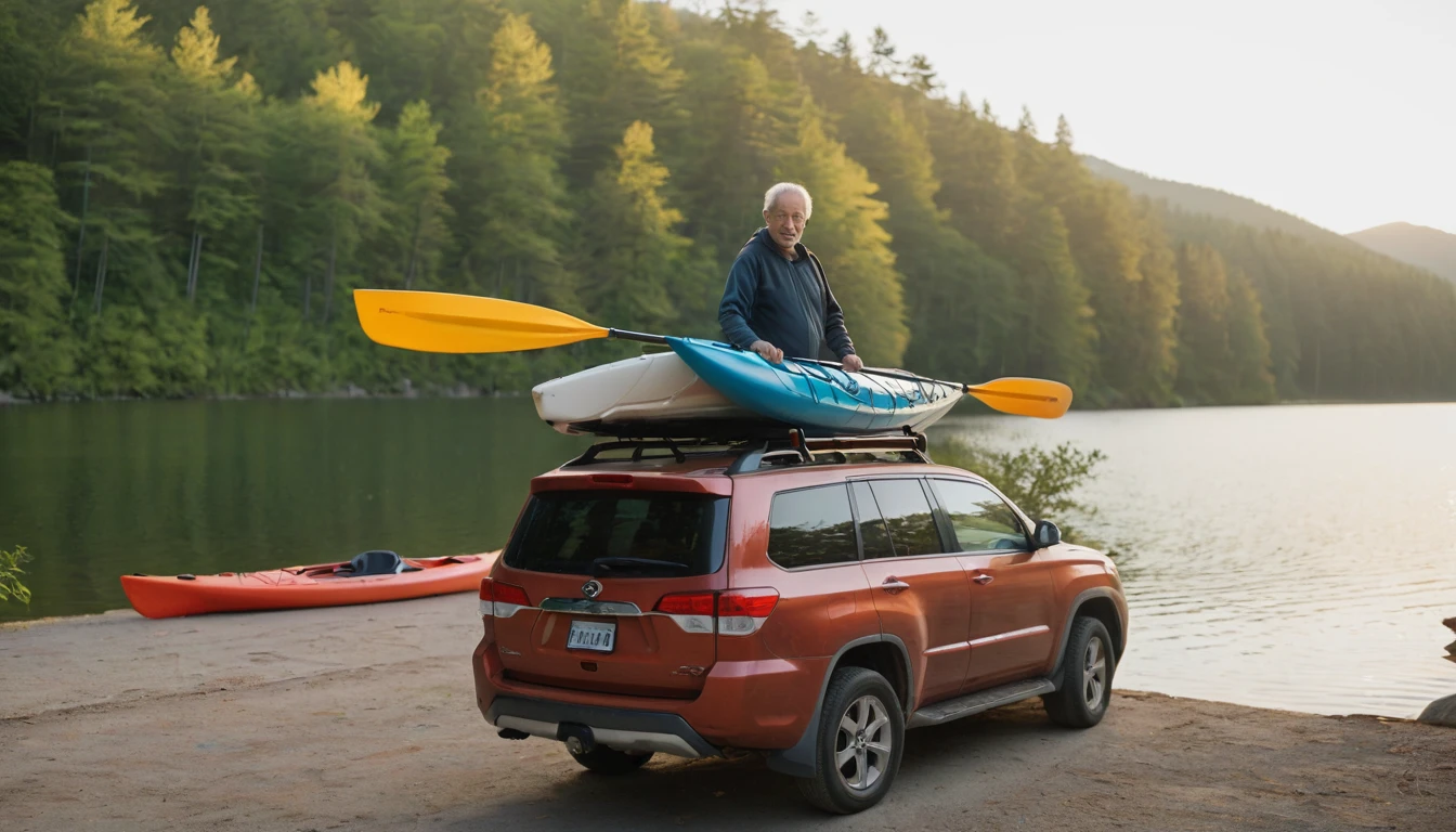 "Bento, a determined-looking 60-year-old man, untying his kayak from the roof of an SUV parked near the lake's edge. The environment is calm, with the soft light of dawn beginning to illuminate the scene. The lake and the forest in the background are visible."