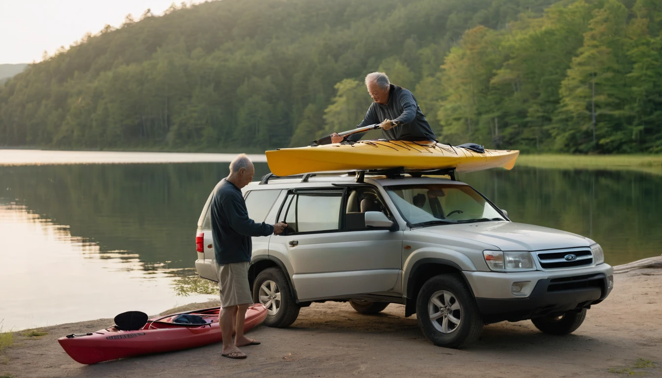 "Bento, a determined-looking 60-year-old man, untying his kayak from the roof of an SUV parked near the lake's edge. The environment is calm, with the soft light of dawn beginning to illuminate the scene. The lake and the forest in the background are visible."
