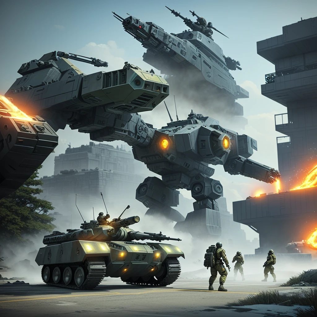a group of soldiers and a combat mech fighting a giant kaiju , wojtek fus, fps game concept art, epic fantasy sci fi illustration, sergey kolesov concept art, jessica rossier fantasy art, concept art 4 k, concept art 4k, epic digital concept art, concept art wallpaper 4k, futuristic tank is on fire, concept art for a video game
