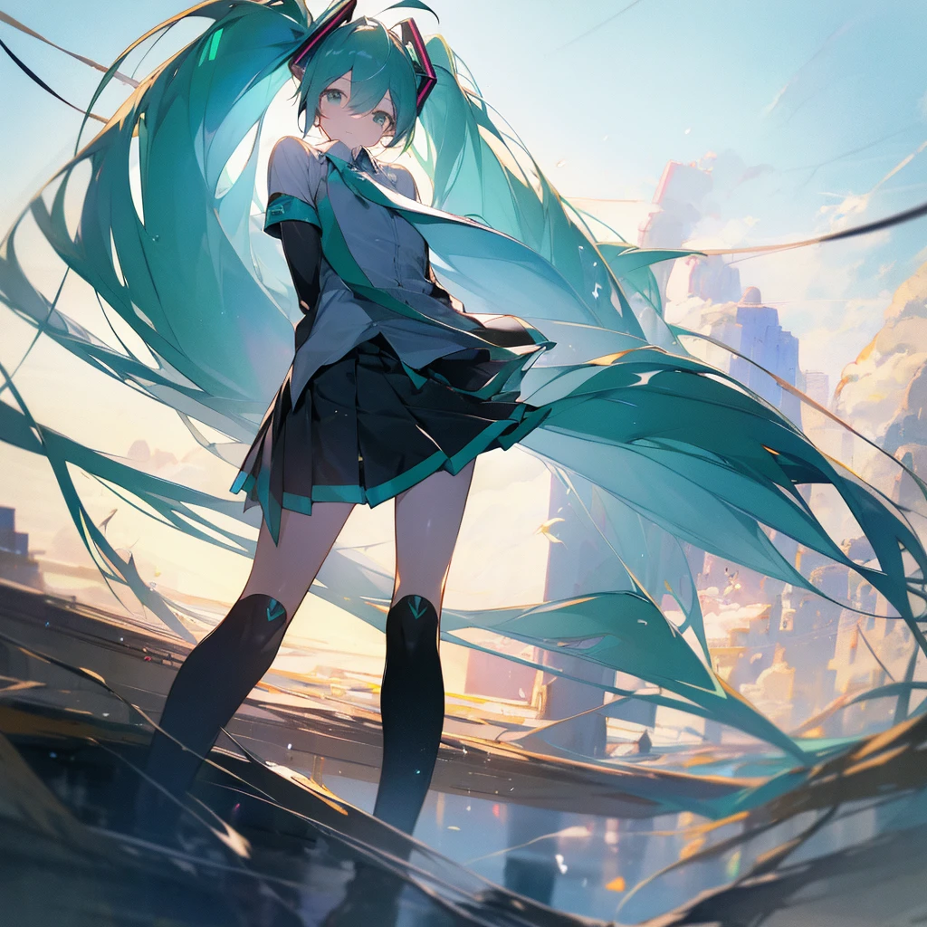 Hatsune Miku, miku hatsune, Ahoge, Aqua Eye, Aqua Hair, Crossed bangs, Hair between the eyes, hair ornaments, Headphones, Long Hair, Twin tails, break aqua tie, Black footwear, black skirt, Black sleeves, boots, collared shirt, Removable sleeves, grey shirt, tie, pleated skirt, shirt, skirt, No sleeve, No sleeve shirt, thigh boots, tieピン, break looking at viewer, break outdoors, city, break (masterpiece:1.2), Highest quality, High resolution, unity 8k wallpaper, (figure:0.8), (Beautiful attention to detail:1.6), Highly detailed face, Perfect lighting, Highly detailed CG, (Perfect hands, Perfect Anatomy),