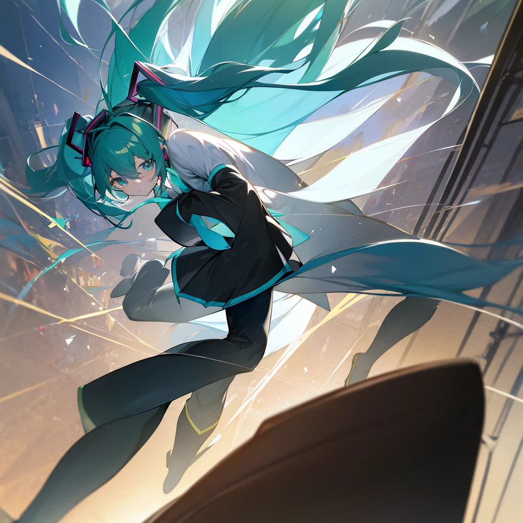 Hatsune Miku, miku hatsune, Ahoge, Aqua Eye, Aqua Hair, Crossed bangs, Hair between the eyes, hair ornaments, Headphones, Long Hair, Twin tails, break aqua tie, Black footwear, black skirt, Black sleeves, boots, collared shirt, Removable sleeves, grey shirt, tie, pleated skirt, shirt, skirt, No sleeve, No sleeve shirt, thigh boots, tieピン, break looking at viewer, break outdoors, city, break (masterpiece:1.2), Highest quality, High resolution, unity 8k wallpaper, (figure:0.8), (Beautiful attention to detail:1.6), Highly detailed face, Perfect lighting, Highly detailed CG, (Perfect hands, Perfect Anatomy),